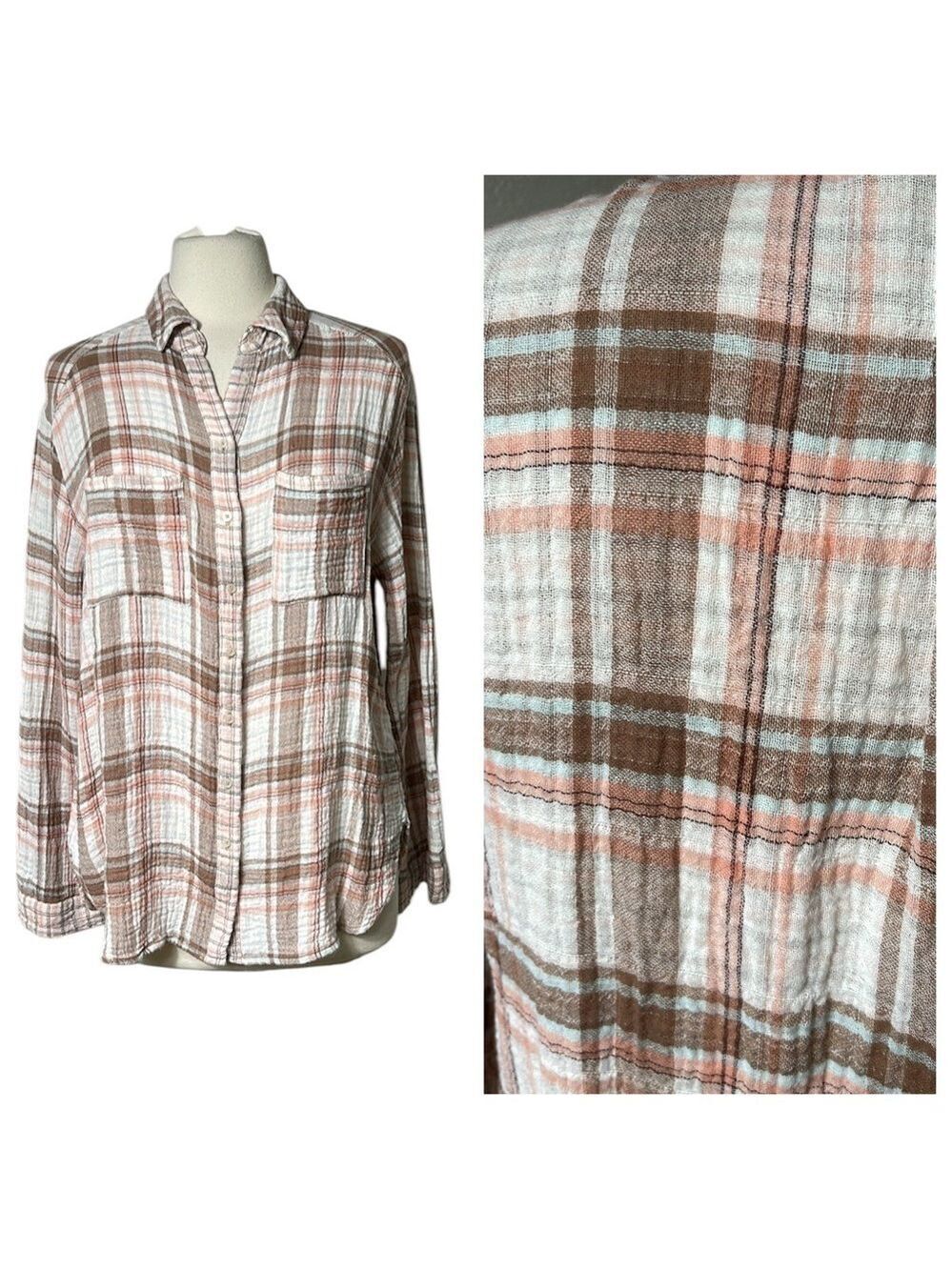 ACE delivery Gauze Plaid Button Front Shirt White Brown Peach SZ L